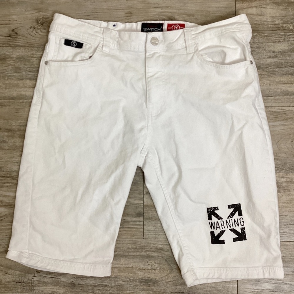 Switch Men’s White Denim Shorts with Ramdom Prints in Black